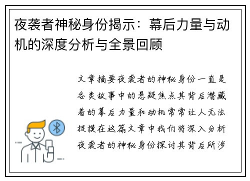 夜袭者神秘身份揭示：幕后力量与动机的深度分析与全景回顾